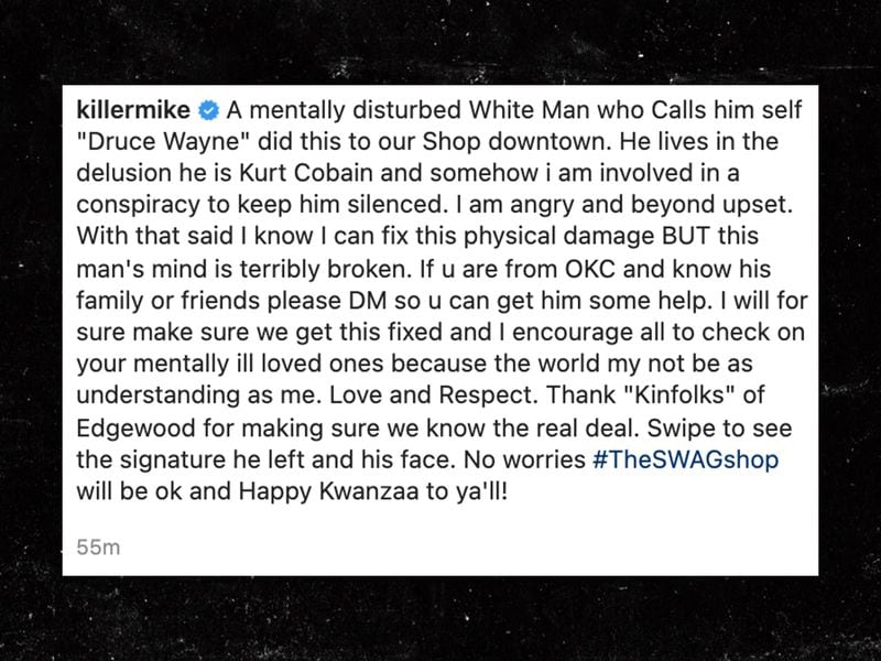 Killer Mike's Instagram post on Dec. 27 regarding vandalism to his barbershop in Atlanta. INSTAGRAM