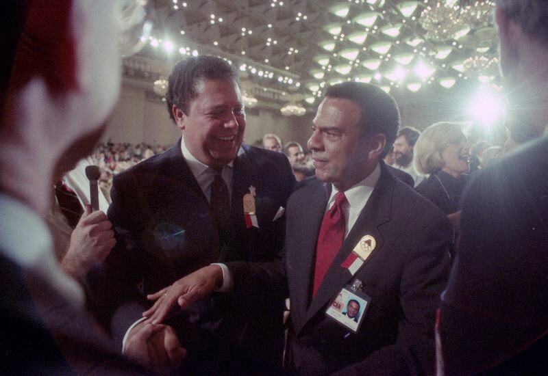  Andrew Young and Maynard Jackson celebrating after winning Olympic bid, 1990. (AJC FILE PHOTO)