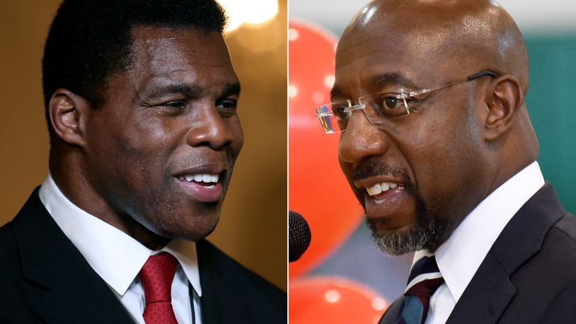 A new Atlanta Journal-Constitution poll shows the U.S. Senate race between Republican Herschel Walker, left, and Democrat Raphael Warnock is deadlocked. Walker has the support of 46% of likely voters in the poll conducted Sept. 5-16, with Warnock at 44%. The margin of error is 3.3 percentage points.