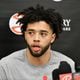 Atlanta Hawks guard Seth Lundy takes questions during team exit interviews as the season comes to an end at the Atlanta Hawks practice facility, Friday, April 19, 2024, in Brookhaven. (Hyosub Shin / Hyosub.Shin@ajc.com)
