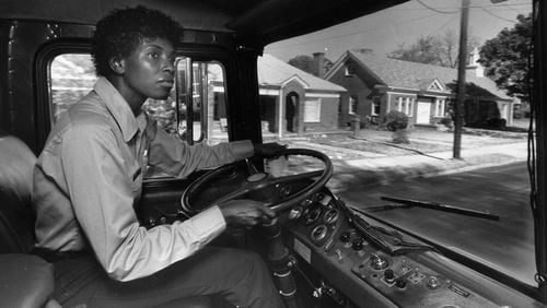 November 13, 1987 Atlanta: Atlanta Fire department’s first African American woman fire apparatus operator, Emma Morris, behind the wheel in metro Atlanta, Georgia on November 13, 1987.