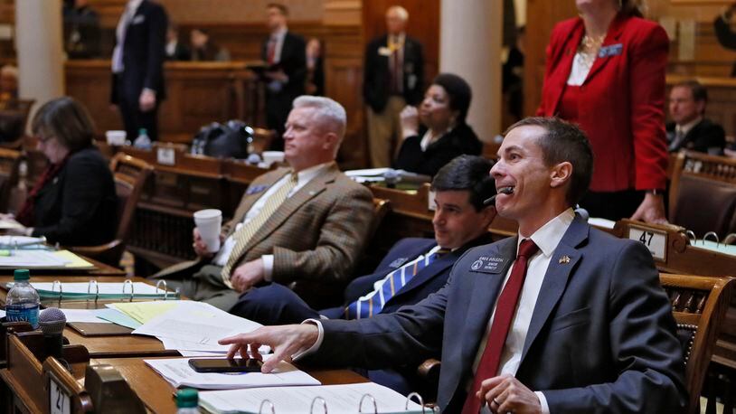 March 5, 2019 - Atlanta - Sen. Greg Dolezal, R-Cumming, (right) watches as his colleagues consider his education “scholarship” account proposal on the 27th day of the 2019 General Assembly.   Bob Andres / bandres@ajc.com