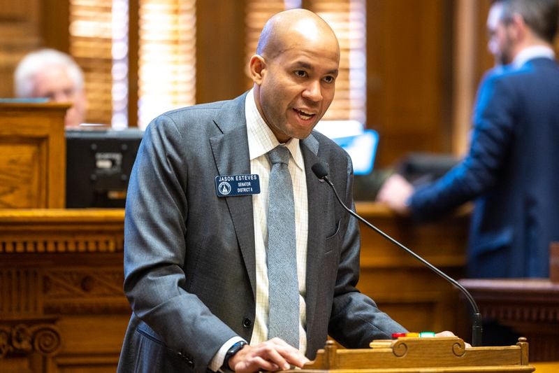 Georgia State Sen. Jason Esteves, D-Atlanta, speaks about HB 147, a school safety bill, at the Senate in Atlanta on Monday, March 13, 2023. (Arvin Temkar / arvin.temkar@ajc.com)