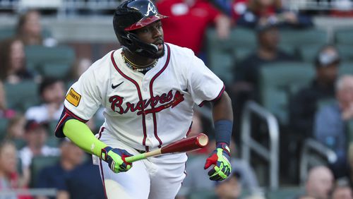 Atlanta Braves center fielder Michael Harris II hits a single during the first inning against the Miami Marlins at Truist Park, Wednesday, April 24, 2024, in Atlanta. (Jason Getz / AJC)
