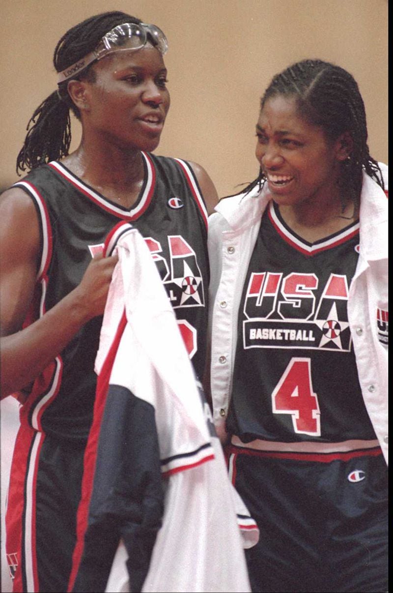 Former University of Georgia basketball players Teresa Edwards (right) and Katrina McClain are together again on the U.S. women's national basketball team. (AJC photo/Joey Ivansco)