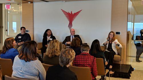 Oct 30, 2018, Atlanta -- panelists discuss child care at the Metro Atlanta Chamber. From left, Brett Copeland, of Central Georgia Technical College;  Brittany Marks, a mother; Stuart Andreason, Federal Reserve Bank of Atlanta and Stephanie Blank, board chair of Georgia Early Education Alliance for Ready Students.