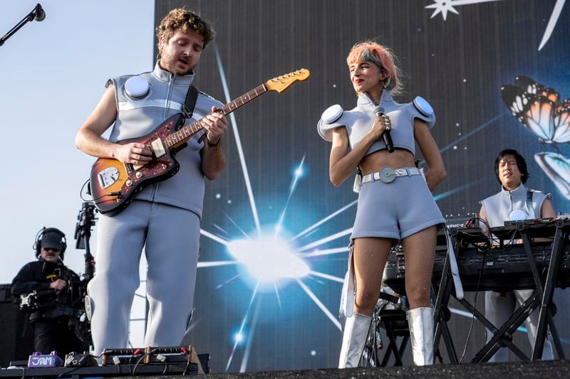 Achille Trocellier, left, and Flore Benguigui of L'Imperatrice perform during the the first weekend of the Coachella Music and Arts Festival at the Empire Polo Club on Friday, April 12, 2024, in Indio, Calif. (Photo by Amy Harris/Invision/AP)