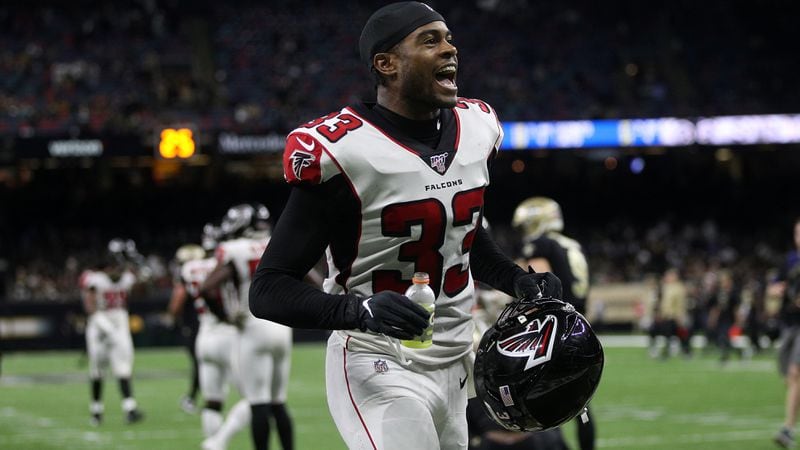 Falcons cornerback Blidi Wreh-Wilson celebrates defeating the New Orleans Saints Nov. 10, 2019, at Mercedes Benz Superdome in New Orleans.