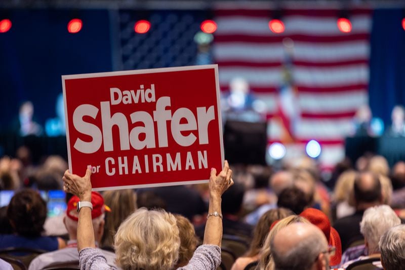 Chairman David Shafer speaks during the Georgia GOP State Convention in Jekyll Island in 2021 before he was reelected as the state party's chair. Nathan Posner for The Atlanta-Journal-Constitution
