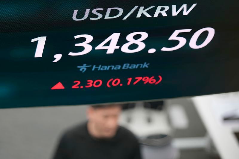The screen showing the foreign exchange rate between U.S. dollar and South Korean won is seen at a foreign exchange dealing room in Seoul, South Korea, Friday, March 29, 2024. Asian shares were mostly higher Friday in quiet holiday trading, with markets closed in Hong Kong, Sydney, Singapore and India, among other places. (AP Photo/Lee Jin-man)
