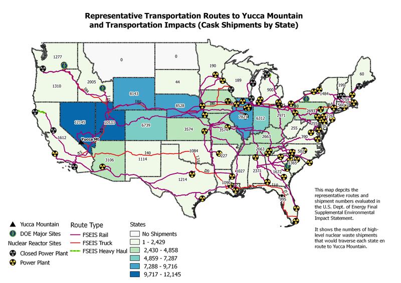 A map commissioned by the state of Nevada shows representative routes that could be used to transport nuclear waste to Yucca Mountain.