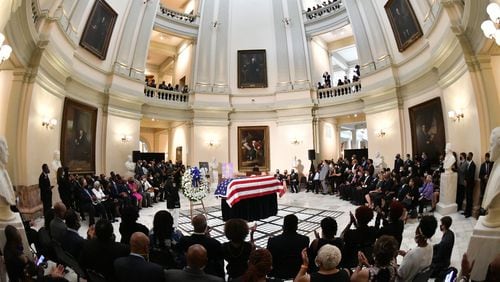 7/29/20 - 7/29/20 - Atlanta, GA -  A ceremony is held in the Capitol Rotunda where Rep. John Lewis will lie in state.  On the fifth day of the “Celebration of Life” for Rep. John Lewis, Lewis’s body and and family members returned to Georgia for ceremonies at the State Capitol where he will also lie in state until his funeral on Thursday.  Hyosub Shin / Hyosub.shin@ajc.com