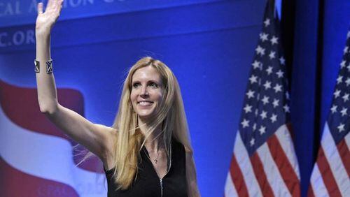 In this Feb. 12, 2011 file photo, Ann Coulter waves to the audience after speaking at the Conservative Political Action Conference in Washington. (AP Photo/Cliff Owen)