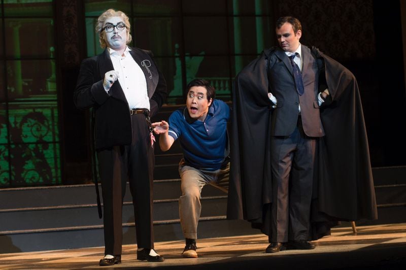 Burak Bilgili, Ji-Min Park and Alexey Lavrov will perform as Don Pasquale, his nephew Ernesto and the schemer Dr. Malatesta in the Atlanta Opera’s “Don Pasquale.” The production moves the action from 19th-century Rome to Hollywood in the 1950s. This photo is from the Cincinnati Opera’s production. CONTRIBUTED BY PHILIP GROSHONG / CINCINNATI OPERA