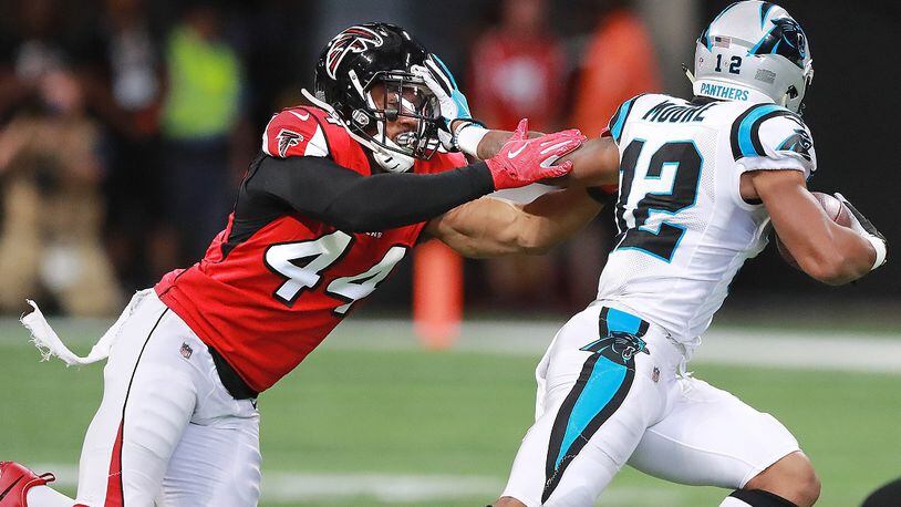 Falcons linebacker Vic Beasley Jr. tries to run down Panthers wide receiver DJ Moore on Sunday, Sept 16, 2018, in Atlanta.  Curtis Compton/ccompton@ajc.com