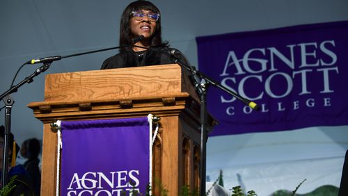 Wonya Lucas, President and CEO of Hallmark Media, gives the commencement address at Agnes Scott College’s one hundred and thirty-fourth commencement ceremony Saturday, May 13, 2023. (Daniel Varnado/ For the AJC)