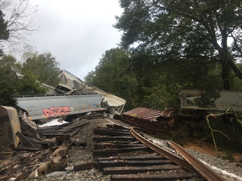 Heavy rain caused a 170-car CSX train to derail near Main Street and Camp Creek Road in Lilburn early Sunday, October 11, 2020. (Photo: Gwinnett County Fire and Emergency Services)