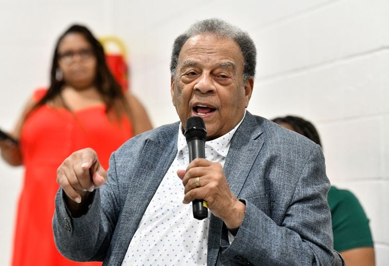 Ambassador Andrew Young speaks during a ribbon cutting ceremony to inaugurate the new pool at Andrew and Walter Young Family YMCA, Wednesday, July 5, 2023, in Atlanta. (Hyosub Shin / Hyosub.Shin@ajc.com)