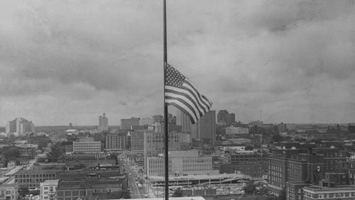 June 4, 1962 - An American flag flies at half-staff in Atlanta in honor of the victims of a chartered Air France Boeing 707 which crashed on takeoff at Orly Air Field in France. Most of the passengers were from Atlanta.