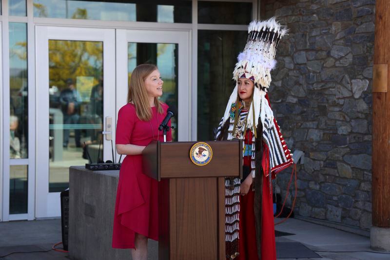 In this photo provided by the U.S. Attorney's Office, Eastern District of Washington, U.S. Attorney Vanessa Welder, left, administers the oath of office to Assistant U.S. Attorney Bree Black Horse, right, during a ceremony Thursday, May 2, 2024, at the Yakama Nation Justice Center in Toppenish, Wash. Black Horse is among a team of federal prosecutors and coordinators who are dedicated to working on cases involving the disappearances or killings of Native Americans as part of a U.S. Department of Justice outreach program aimed at addressing the MMIP crisis. (Robert Curry/U.S. Attorney's Office, Eastern District of Washington via AP)