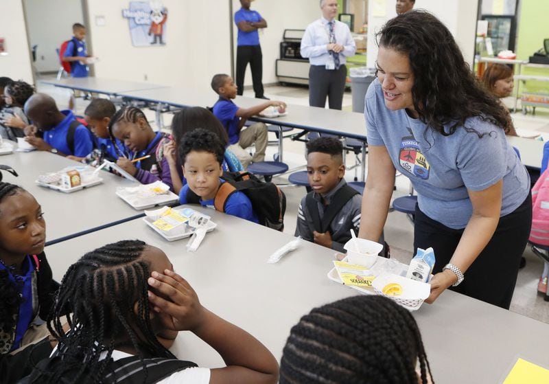 August 12, 2019 — On the first day of school, Atlanta Public Schools Superintendent Meria Carstarphen visited Tuskegee Airmen Global Academy, a new school building, and had breakfast with the students. Carstarphen did a short stint on the board of the Development Authority of Fulton County and argued repeatedly that tax rate cuts for luxury development projects squeezed Atlanta’s schools of potential dollars. (Bob Andres / robert.andres@ajc.com)