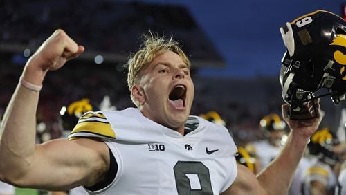 Iowa's Tory Taylor (9) celebrates after a 15-6 win against Wisconsin at Camp Randall Stadium on Oct. 14, 2023, in Madison, Wisconsin. (Stacy Revere/Getty Images/TNS)