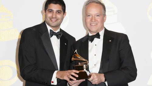 Producer Kabir Sehgal (L) and composer Ted Nash, winners of Best Large Jazz Ensemble Album for 'Presidential Suite: Eight Variations on Freedom' (Ted Nash Big Band), pose in the press room during The 59th GRAMMY Awards at STAPLES Center on February 12, 2017 in Los Angeles, California. (Photo by Frederick M. Brown/Getty Images)