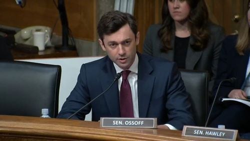 Sen. Jon Ossoff during a hearing on mail delivery complaints with testimony from USPS chief Louis DeJoy on Tuesday, April 16, 2024.