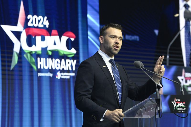 Editor of the U.S. conservative website Human Events Jack Posobiec speaks at the third Hungarian edition of the Conservative Political Action Conference, CPAC Hungary, in Budapest, Hungary, Thursday, April 25, 2024. (Szilard Koszticsak/MTI via AP)