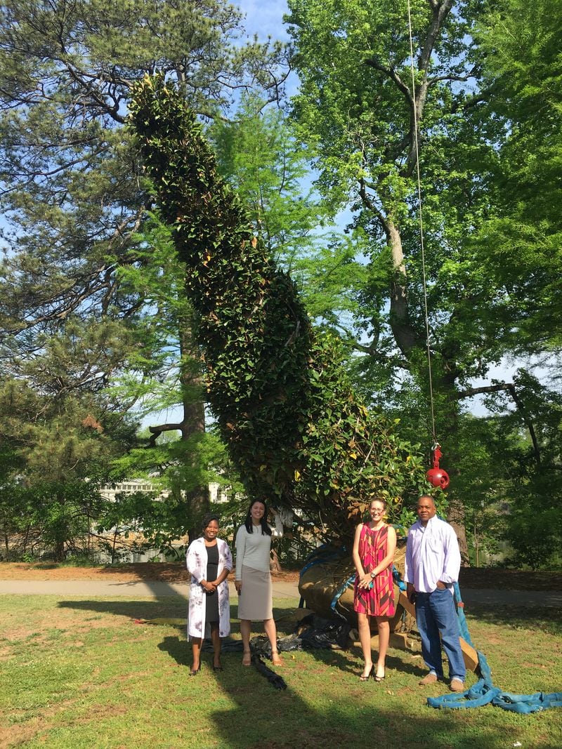 Piedmont Park Conservancy staff members Krystal Collier, Amy Han Dietrich, Jennifer Rudder and Terrell Henderson pose in front of the new magnolia tree.