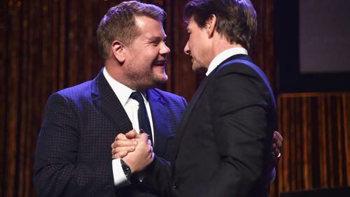 Late-night talk show host James Corden (L) and Pioneer of the Year award recipient Tom Cruise onstage during the 2018 Will Rogers Pioneer of the Year Dinner Honoring Tom Cruise at Caesars Palace during CinemaCon, the official convention of the National Association of Theatre Owners, on April 25, 2018 in Las Vegas, Nevada.