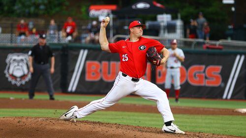 Georgia pitcher Tony Locey lets fly against Alabama earlier this season. (Photo by Kristin M. Bradshaw/UGA Sports Communication)