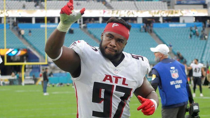 The Falcons could extend Grady Jarrett's contract or trade him while his value is high. (AP photo)