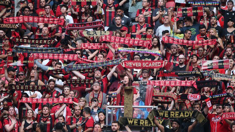 June 2, 2018 Atlanta: Atlanta United fans support their team against Philadelphia Union during the first half in a MLS soccer match on Saturday, June 2, 2018, in Atlanta.  Curtis Compton/ccompton@ajc.com