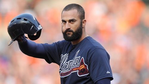 Braves outfielder Nick Markakis acknowledges the crowd in a his return to Oriole Park at Camden Yards in Baltimore in July 2017.
