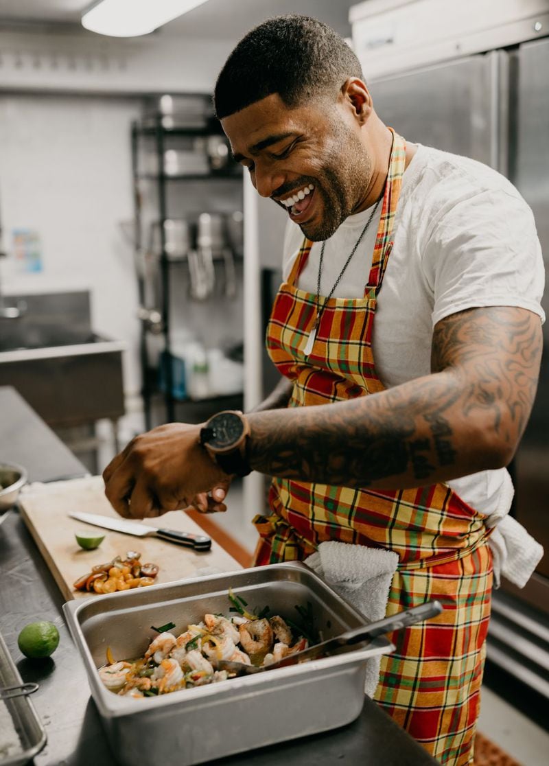 Digby Stridiron works in the kitchen at his restaurant Braata in St. Croix. He returned to his native island in 2017, in the wake of Hurricane Maria. “Coming back is a full circle for me,” he said. “I was away focusing on me, but now I feel like I want to make a contribution to my community.” CONTRIBUTED BY MEREDITH ZIMMERMAN
