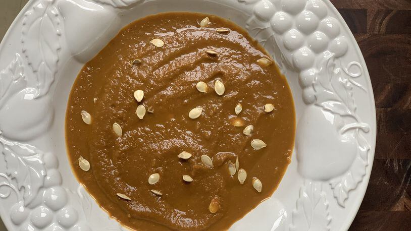 Pureed white beans give this dairy-free pumpkin soup its creamy texture. It’s garnished with toasted pumpkin seeds. CONTRIBUTED BY KELLIE HYNES