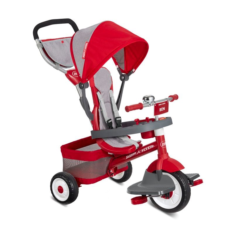 A customizable tricycle allows babies and toddlers to enjoy being outdoors for stroll or biking when older.