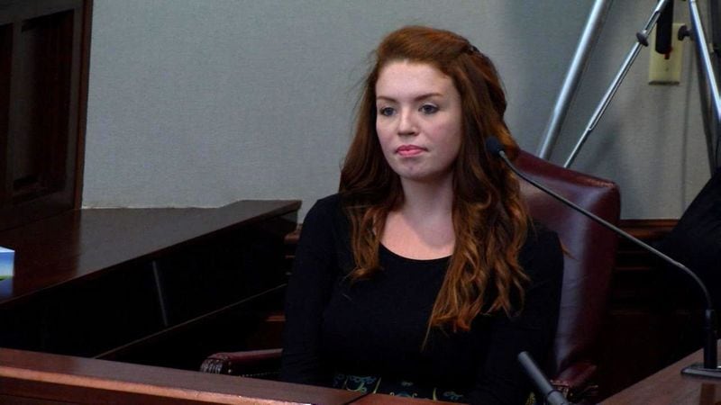 Jaynie Meadows testifies during the murder trial of Justin Ross Harris at the Glynn County Courthouse in Brunswick, Ga., on Thursday, Oct. 20, 2016. Meadows, who was 18 at the time, said that initially Harris told her that his age was 25, but that he eventually told her his real age and that he had a wife. (screen capture via WSB-TV)