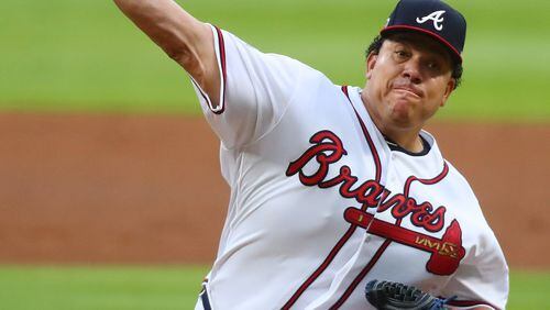 May 3, 2017, Atlanta: Atlanta Braves Bartolo Colon delivers a pitch against the New York Mets during the first inning of a MLB baseball game on Wednesday, May 3, 2017, in Atlanta. Curtis Compton/ccompton@ajc.com