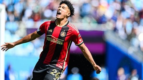 Atlanta United defender Caleb Wiley celebrates after scoring during the first half of the match against Charlotte FC at Bank of America Stadium in Charlotte, NC on Saturday March 11, 2023. (Photo by Mitchell Martin/Atlanta United)
