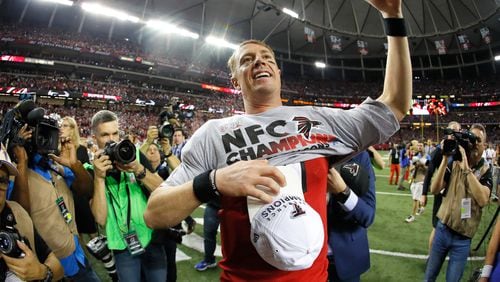 Falcons quarterback Matt Ryan celebrates after defeating the Packers in the NFC Championship Game at the Georgia Dome on January 22 in Atlanta. The Falcons defeated the Packers 44-21.