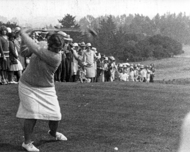Marion Hollins was a 1920s champion golfer who helped in Augusta National's building. Shown here at the opening Day at Pasatiempo, Sept. 8, 1929, hitting from number four tee. Watching were: Bobby Jones, Glenna Collett Vare, Cyril Tolley, Alister MacKenzie, Ernest Jones and Peter Hay.