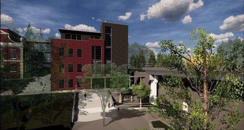 A preliminary rendering dated May 24, 2019, of the Grady High School addition and renovation project, as shown from the east side.  Rendering by  Cooper Carry, Inc.
