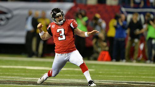 Falcons kicker Matt Bryant celebrates his game-winning field goal with 6 seconds remaining in the game against the Seattle Seahawks. (Brant Sanderlin/AJC)