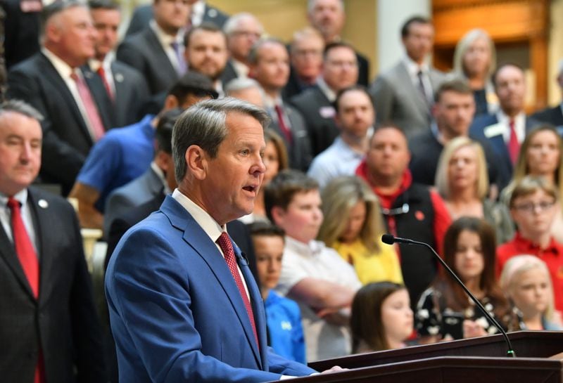Gov. Brian Kemp speaks before he signs legislation that allows parents who don’t want their children wearing masks to opt out of any school district mandates at the Georgia State Capitol on Tuesday, March 29, 2022. Gov. Brian Kemp on Tuesday  (Hyosub Shin / Hyosub.Shin@ajc.com)