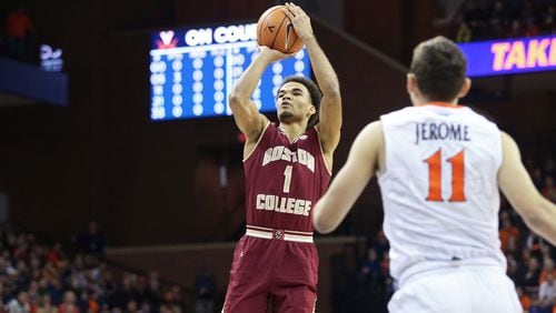 Jerome Robinson of the Boston College Eagles shoots in the first half during a game against the Virginia Cavaliers at John Paul Jones Arena on December 30, 2017 in Charlottesville, Virginia. (Photo by Ryan M. Kelly/Getty Images)