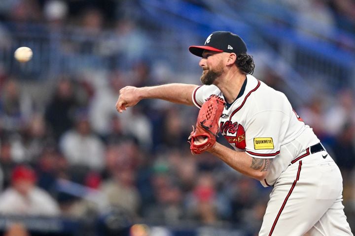 Atlanta Braves relief pitcher Kirby Yates (22) delivers to the Philadelphia Phillies during the fourth inning of NLDS Game 2 in Atlanta on Monday, Oct. 9, 2023.   (Hyosub Shin / Hyosub.Shin@ajc.com)