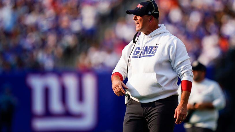 New York Giants head coach Joe Judge calls to his players during the first half against the Denver Broncos, Sunday, Sept. 12, 2021, in East Rutherford, N.J. (Matt Rourke/AP)