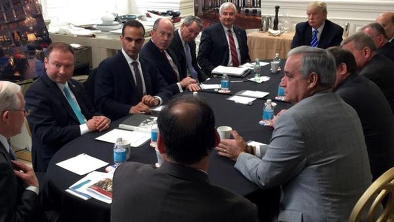 A photo of a March 21, 2016 meeting of presidential candidate Donald Trump's national security advisers/AP